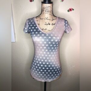 Jessica Simpson V Neck Red Stripes, Blue Stars Cream T-Shirt Tight Fit Size S